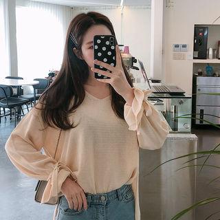 V-neck Tie-cuff Knit Top
