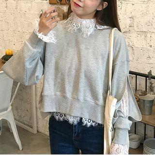 See-through Lace Top / Plain Cutout-sleeve Sweatshirt