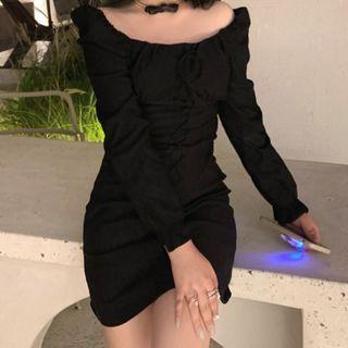 Square-neck Ruched Long-sleeve Mini Dress