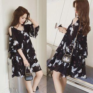 Elbow-sleeve Cold Shoulder Floral Chiffon A-line Dress