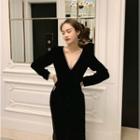 Long-sleeve V-neck Velvet Midi Sheath Dress