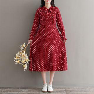 Dotted Long-sleeve Midi A-line Dress
