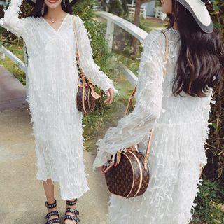 Long-sleeve V-neck Fringe Midi Dress