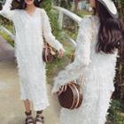 Long-sleeve V-neck Fringe Midi Dress