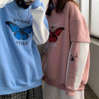 Mock Two-piece Butterfly Print Pullover
