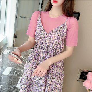 Set: Short-sleeve Knit Top + Spaghetti Strap Floral Print Midi A-line Dress