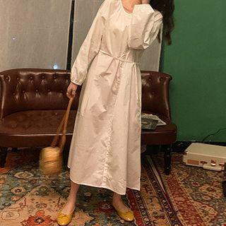 Tie-waist Plain V-neck Shirtdress