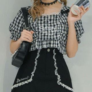 Short-sleeve Bow Gingham Check Crop Top