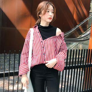Mock Two-piece Long-sleeve Cold Shoulder Striped Top