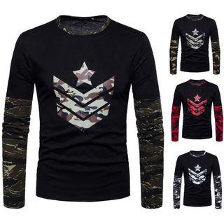Mock Two-piece Long-sleeve Camo Print Panel T-shirt