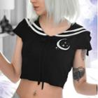 Cap-sleeve Sailor Collar Moon Print Cropped T-shirt