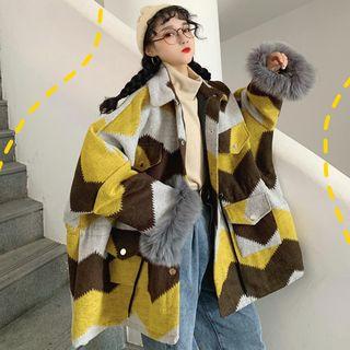 Furry-trim Chevron Buttoned Coat