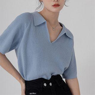 Elbow-sleeve V-neck Knit Polo Shirt