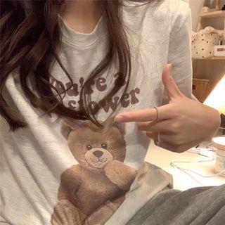 Short-sleeve Bear Print T-shirt Oatmeal - One Size