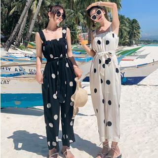 Tie-waist Dot Print Sleeveless Jumpsuit