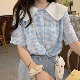 Short-sleeve Plaid Doll-collar Blouse