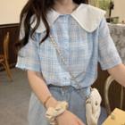Short-sleeve Plaid Doll-collar Blouse