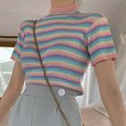 Striped Mock Neck Short-sleeve Knit Top Stripes - Multicolor - One Size