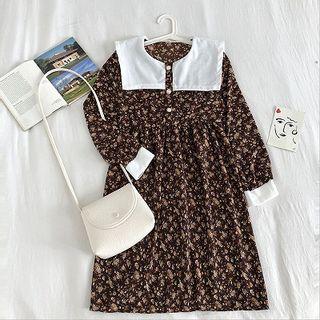 Floral Long-sleeve A-line Dress Coffee - One Size