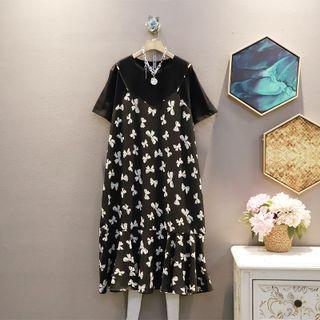 Mock Two-piece Short-sleeve Panel Bow Spaghetti-strap Dress