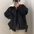 Fleece Lined Faux Leather Jacket Black - One Size