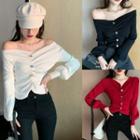 Buttoned Lantern-sleeve Knit Top