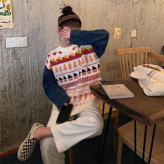 Denim Paneled Patterned Sweater