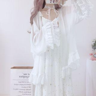 Spaghetti-strap Star Print Midi A-line Dress / Open-front Chiffon Jacket