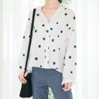 Stand Collar V-neck Print Blouse White - One Size