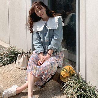 Frilled-collar Pocket-detail Denim Jacket Blue - One Size