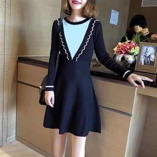 Long-sleeve Frill-trim Knit A-line Dress