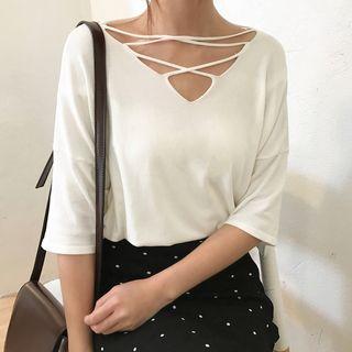 Lattice Elbow-sleeve Knit Top