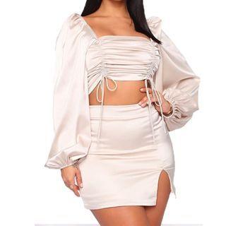 Set: Drawstring Square-neck Blouse + Mini Pencil Skirt
