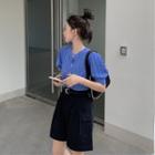 Short-sleeve Ribbed Top / Dress Shorts / Belt / Set