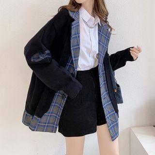 Mock Two-piece Plaid Panel Cardigan