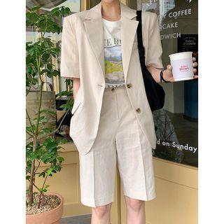 Short-sleeve Plain Blazer Blazer - Almond - One Size