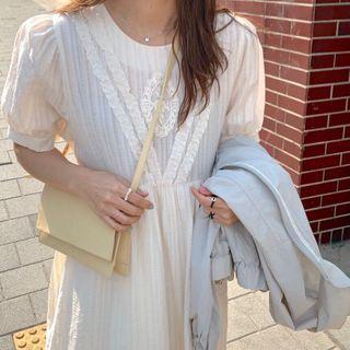 Short-sleeve Lace Trim Plain Dress As Shown In Figure - One Size
