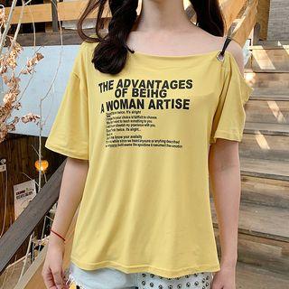 Cold-shoulder Short-sleeve Lettering T-shirt
