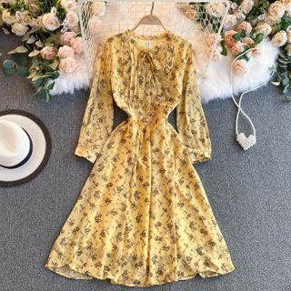 Bow Collar Floral Chiffon Dress