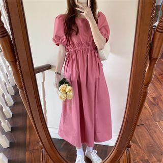 Lantern-sleeve Ruffle Trim Plain Dress