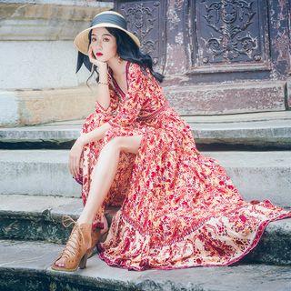 3/4-sleeve Patterned A-line Midi Beach Dress