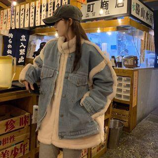 Fleece-panel Denim Jacket Blue - One Size