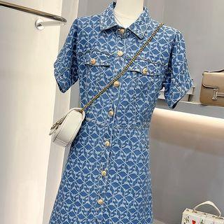 Short-sleeve Patterned Denim Mini Shirt Dress