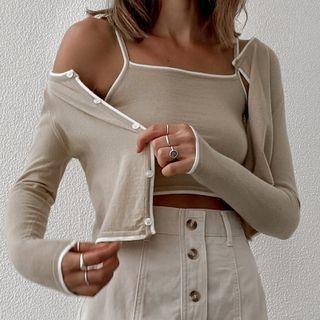 Set: Long Sleeve Contrast-trim Crop Cardigan + Crop Camisole Top