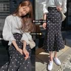 Puff-sleeve Top / Dotted Midi Skirt