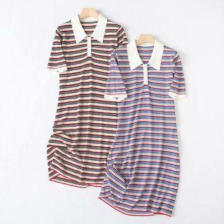 Short-sleeve Striped Midi A-line Polo Dress
