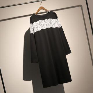Lace Panel Long-sleeve T-shirt Dress Black - One Size