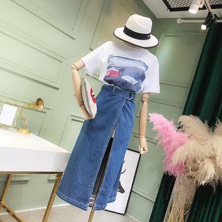 Set: Printed Short Sleeve T-shirt + Midi Denim Skirt