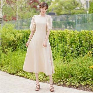 Puff-sleeve Linen Blend A-line Dress With Sash