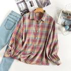 Long-sleeve Plaid Loose-fit Shirt Pink - One Size
